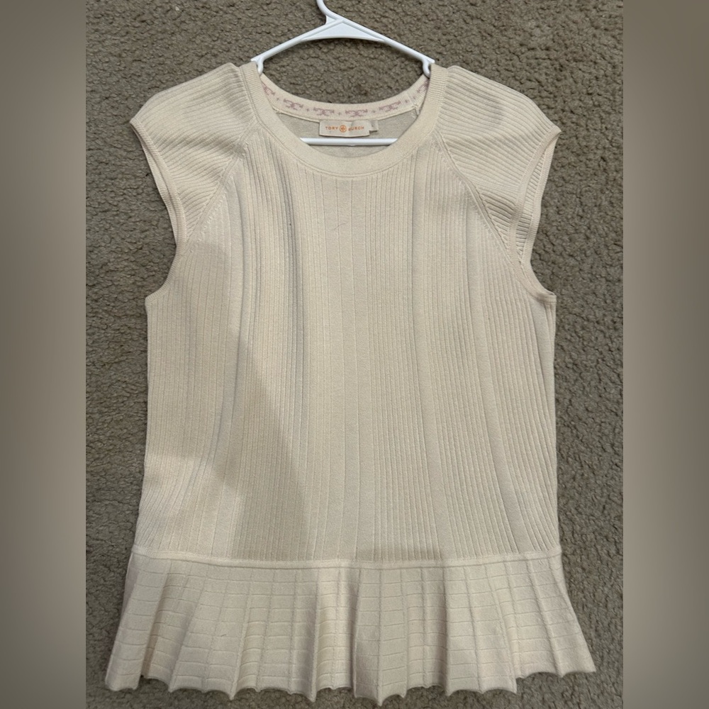 Tory Burch Cream Sleeveless Ribbed Top L